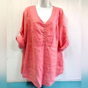 Vintage Susan 100% Ramie Roll Tab Sleeve Shirt Button Front V-neck 14